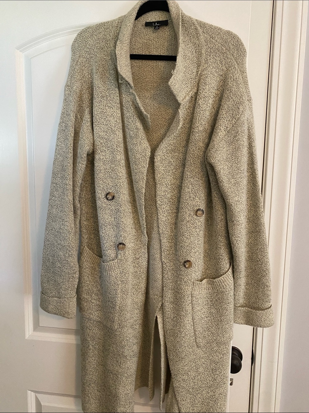 lululemon athletica Gray-Cream Double-Breasted Knit Longline Cardigan